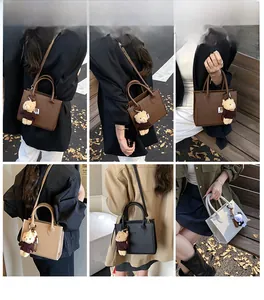 Collage of retro bucket bags in multiple colors shown with bear charm on street