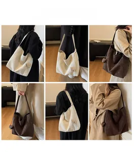 Collage of a large vintage tote bag in cream and dark coffee shown on a model