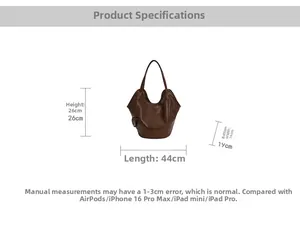 Detailed size chart showing dimensions of the brown leather tote bag with 44cm length