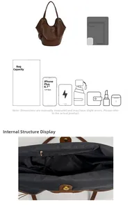Macro detail of brown leather tote bag showing large capacity for iPad and phone