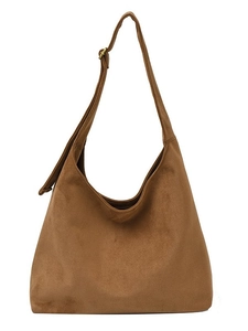 Brown faux suede hobo tote bag with large capacity and adjustable wide shoulder strap