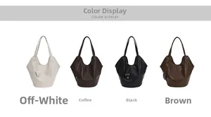 Minimalist large bucket bags displayed in ivory, coffee, black, and brown leather options