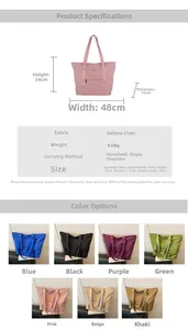 Tableau des tailles et sélection de couleurs pour le grand sac fourre-tout en Oxford