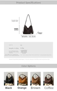 Detailed size chart for retro PU leather tote showing dimensions for shoulder and backpack use