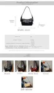 Size chart showing 22x11x11cm dimensions and PU material for the shoulder bag