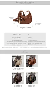 Detailed size chart for crescent PU leather bag with dimensions and multi-color specifications
