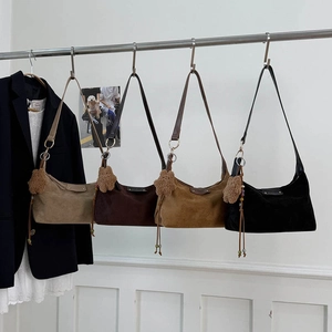 Retro faux suede crescent hobo bags in four colors with cute plush bear charms