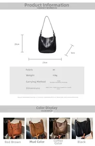 Size chart showing 23x20x9cm dimensions and retro PU leather bucket bag color options