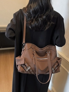 Vintage brown large capacity satchel bag with metallic buckles and rivets for women