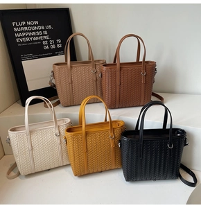 Close-up showing woven texture and various color options for the crossbody bucket bag