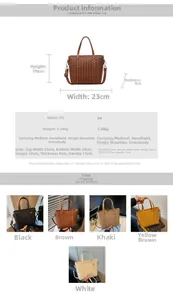 Detailed size chart and multi-color options for woven faux leather bucket bag