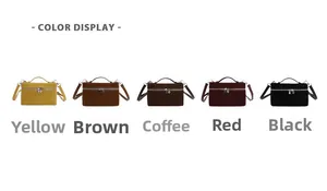 Farbdisplay von fünf rechteckigen Leder-Umhängetaschen in Gelb Braun Kaffee Rot und Schwarz