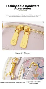 Detail of pink crossbody bag showing gold zipper pulls and floral embroidery patterns