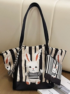Set Borsa Tote in Tela a Righe da Donna Con Stampa Coniglio Grande Capacità Borsa a Tracolla Con Pochette Catena Metallo