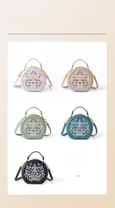 Detail of embroidered floral patterns on round crossbody bags in multiple colors