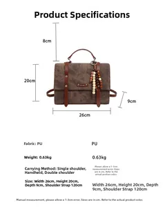 Dimensions détaillées d'un sac à dos vintage en cuir PU marron avec spécifications