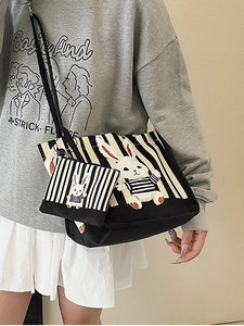 Borsa tote a righe in tela con stampa a coniglio e mini portamonete coordinato