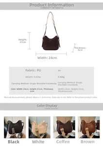 Size chart and multi-color views of a vintage PU leather hobo bag with woven strap