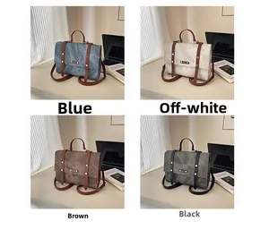 Vue détaillée de grands sacs à dos rétro en quatre couleurs, finitions bleu et marron