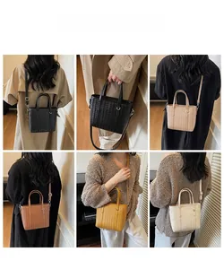 Multiple views of woven texture crossbody bags showing various colors on a model back
