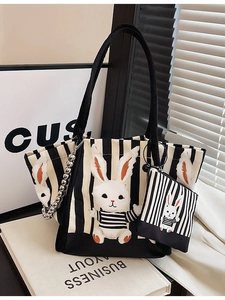 Borsa tote in tela a righe con motivo a coniglio e portamonete coordinato
