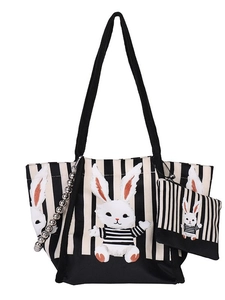 Borsa tote in tela a righe con simpatica stampa di coniglio e pochette abbinata