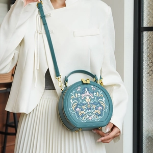 Detailed close-up of intricate floral embroidery and gold zippers on a teal crossbody bag