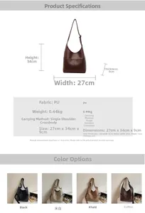 Size chart showing dimensions and colors of the large PU leather shoulder bucket bag
