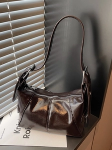 Women Glossy PU Leather Underarm Bag Retro Chic Star Zipper Shoulder Bag Fashion Commuting Solid Color Dumpling Shape Handbag