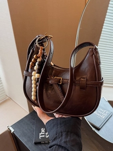 Vintage PU Leather Hobo Bag For Women Semi-Moon Crossbody Bag Beaded Charm Retro Solid Color Dumpling Bag Daily Shoulder Bag