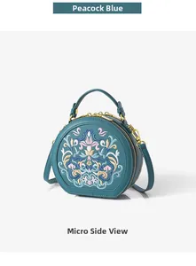 Detail of peacock blue mini bag with floral embroidery and gold zipper hardware
