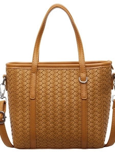 Vintage brown woven PU leather bucket bag with top handles and adjustable shoulder strap