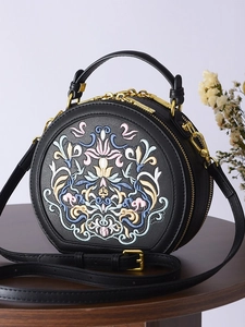 Vintage Chinese Style Embroidered Round Crossbody Bag PU Leather Floral Handbag For Women Retro Shoulder Bag Ethnic Gift