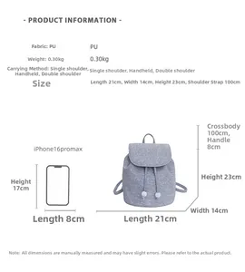 Size comparison of gray textured bucket backpack with iPhone 16 Pro Max for scale