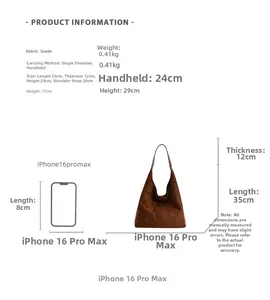 Detailed dimensions of the brown suede tote bag with flower cutout shown next to iPhone