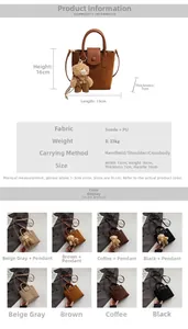 Size chart and color display for suede and PU bucket bag with bear pendant detail
