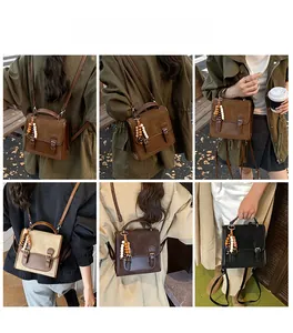 Detailed views of vintage faux leather backpacks in coffee, brown and black colors