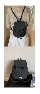 Detail of grey bucket backpack with drawstring closure and decorative beads for women