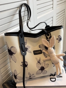 Borsa Tote in Tela a Grande Capacità da Donna Vintage con Stampa Floreale a Inchiostro Borsa a Tracolla con Pendaglio a Coniglio Stile Cinese