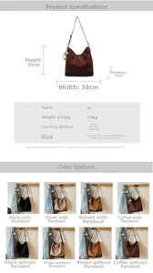 Detailed dimension guide and color selection for large vintage suede hobo shoulder bag