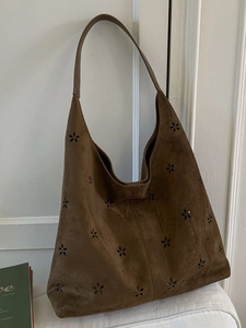 Women Large Capacity Faux Suede Tote Bag Vintage Laser Cut Floral Hollow Out Shoulder Bag Casual Boho Hobo Bag