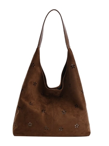 Deep brown suede Hobo bag with laser-cut hollow flower patterns and vintage style