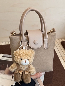 Women Vintage Frosted PU Leather Bucket Bag Small Crossbody Shoulder Handheld Bag With Cute Bear Pendant Decor