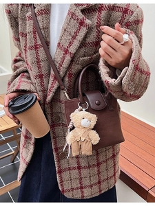 Retro brown frosted shoulder bucket bag with a cute plush bear pendant accessory