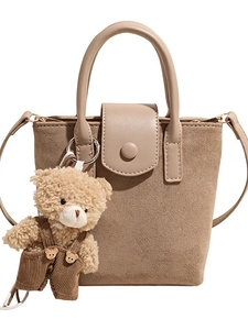 Retro frosted khaki shoulder bag with cute teddy bear charm and top handle strap