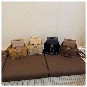 Detailed comparison of velvet mini backpacks in yellow, beige, black, and brown with gold hardware