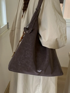 Retro large brown suede tote bag for women with wooden bead charm and shoulder strap