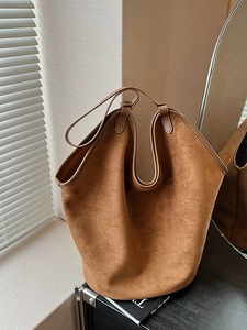 Brown frosted suede hobo bucket bag for women with large capacity and shoulder strap
