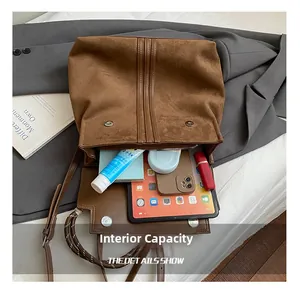 Detailed interior of brown suede backpack showcasing large capacity for tablet and phone