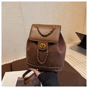 Detail view of mini retro backpack with chain accents and smooth leather patchwork